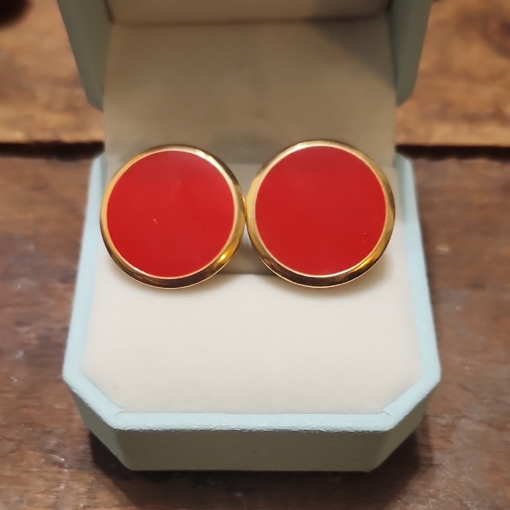 Elegant Red and Gold Clip On Round Earrings